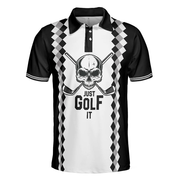 Black And White Argyle Pattern Golf Men Polo Shirt, Just Golf It Skull Short Sleeve Golf Shirt For Men