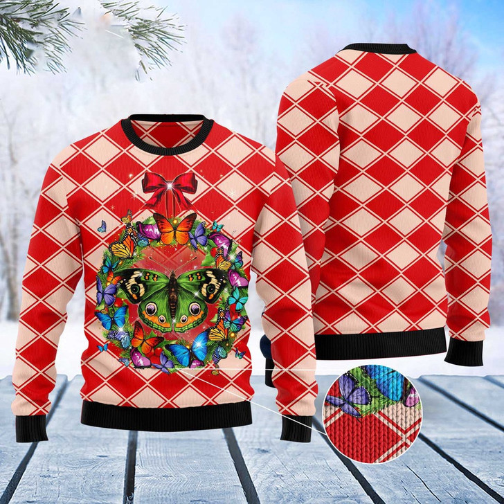 FUNSTUFFPRINT Butterfly Wreath Christmas Ugly Christmas Sweater, Christmas Sweater, Ugly Sweater, Funny Xmas Sweaters Ugly  Sweater