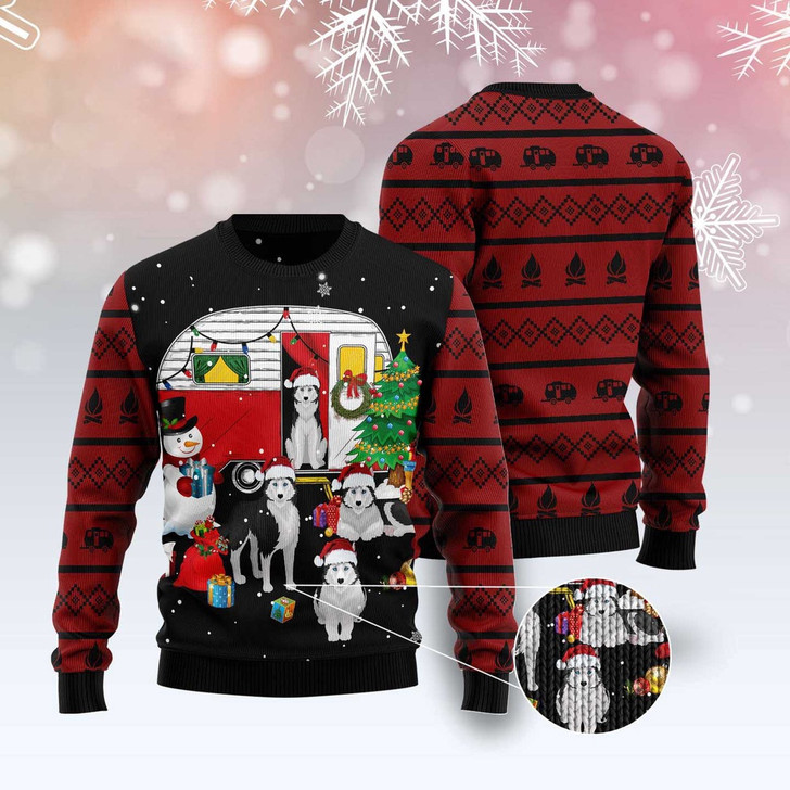 FUNSTUFFPRINT Camping Car And Siberian Husky Ugly Christmas Sweater, Dog Ugly Christmas Sweater, Ugly Dog Sweaters Ugly  Sweater