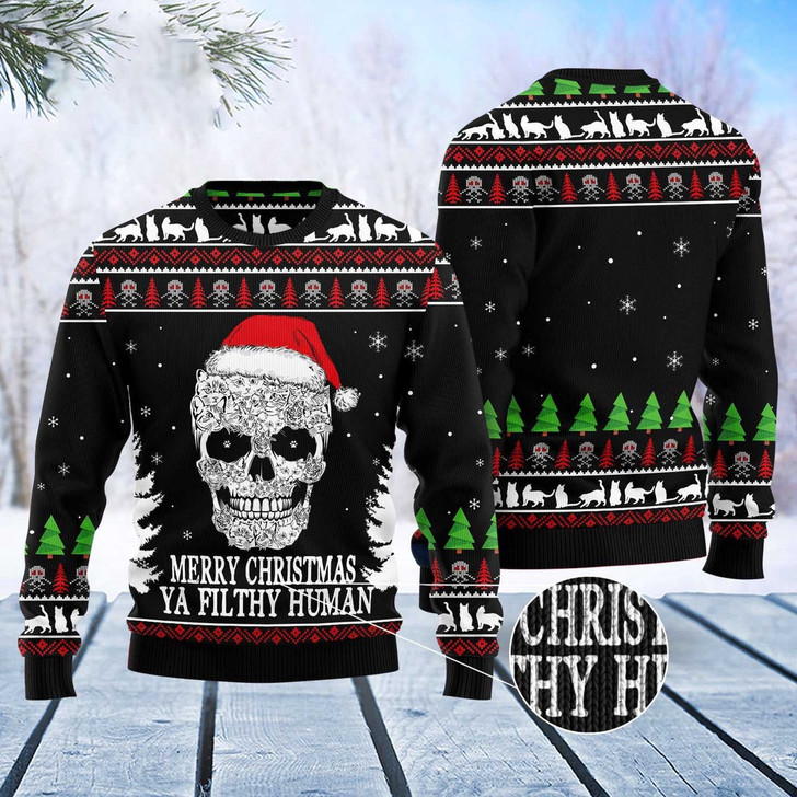 FUNSTUFFPRINT Cat Skull Santa Ugly Christmas Sweater, Christmas Cat Ugly Sweater, Ugly Cat Xmas Sweater Ugly  Sweater