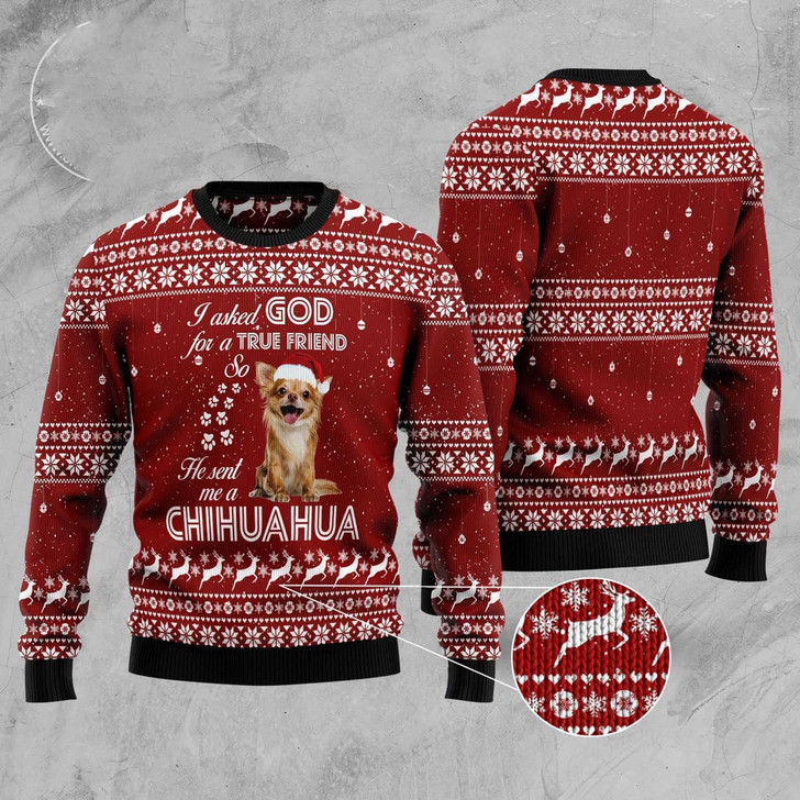 FUNSTUFFPRINT Chihuahua True Friend Ugly Christmas Sweater, Dog Ugly Christmas Sweater, Ugly Dog Sweaters Ugly  Sweater