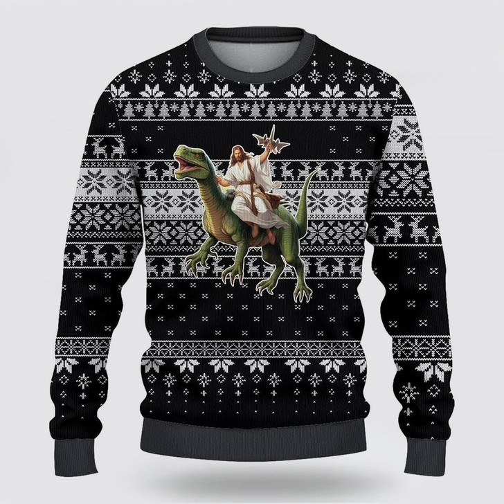 FUNSTUFFPRINT Christian Ugly Christmas Sweater, Jesus Riding A Dinosaur Picture Ugly Christmas Sweater, Religious Christmas Sweaters Ugly  Sweater