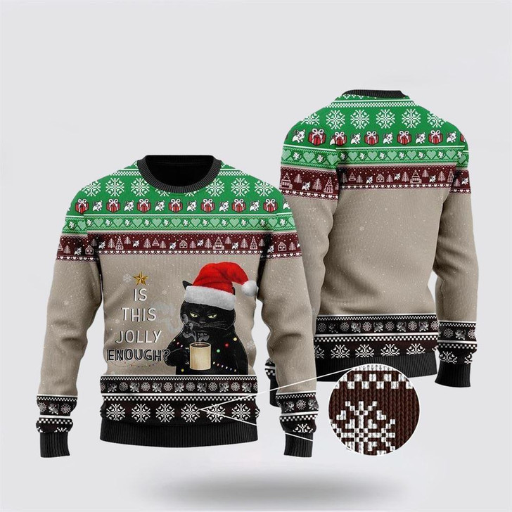 FUNSTUFFPRINT Christmas Black Cat With Coffee Is This Jolly Enough Ugly Christmas Sweater – Cat Lover Christmas Sweater Ugly  Sweater