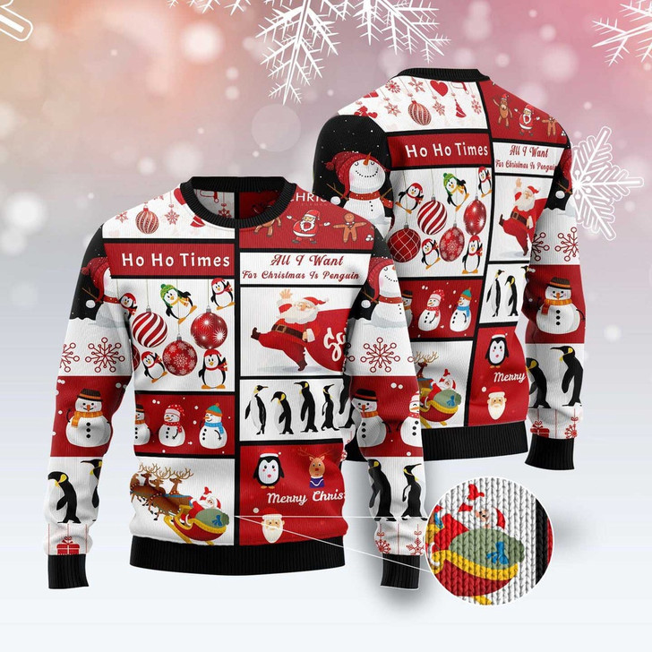 FUNSTUFFPRINT Cute Penguin Santa Claus Ugly Christmas Sweater, Christmas Sweater, Ugly Sweater, Funny Xmas Sweaters Ugly  Sweater