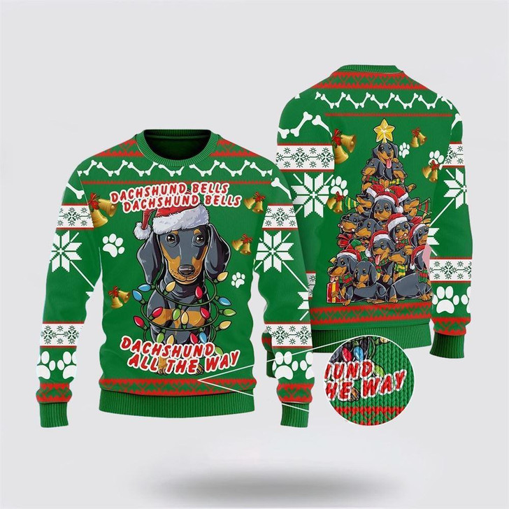 FUNSTUFFPRINT Dachshund Dog Bells Christmas Ugly Christmas Sweater – Dog Lover Christmas Sweater Ugly  Sweater
