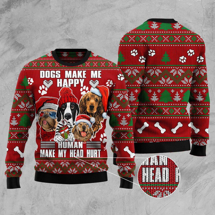 FUNSTUFFPRINT Dog Make Me Happy Humans Make My Head Hurt Ugly Christmas Sweater, Dog Ugly Christmas Sweater, Ugly Dog Sweaters Ugly  Sweater