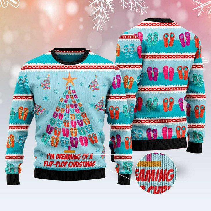 FUNSTUFFPRINT Flip-Flops Christmas Tree Ugly Christmas Sweater, Xmas Tree Sweater, Christmas Sweater Ugly  Sweater