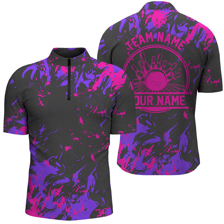 Custom Personalized Bowling Quarter Zip Shirts Men, Multi Color Bowling Balls And Pins Bowling Team Shirts