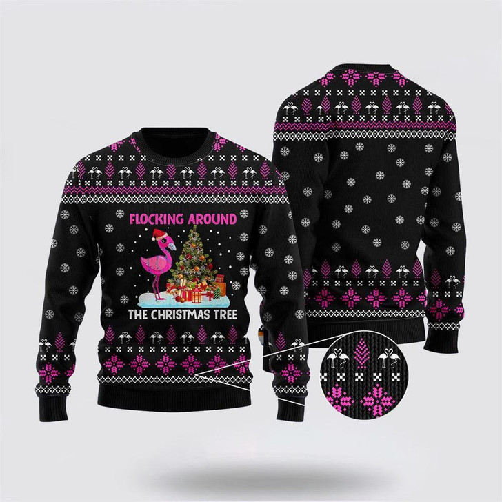 FUNSTUFFPRINT Funny Flamingo Flocking Around The Christmas Tree Ugly Christmas Sweater – Sweater Gifts For Pet Lover Ugly  Sweater
