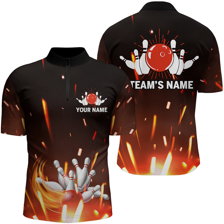 Custom Personalized Bowling Shirt for Men, Flame Bowling Quarter-Zip Shirt for Team, Men Bowlers Jersey