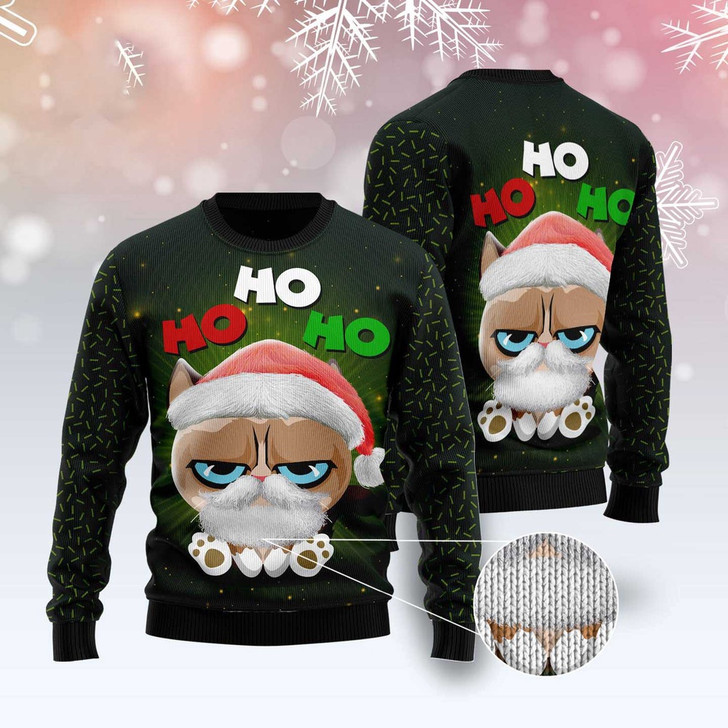 FUNSTUFFPRINT Grumpy Cat Hohoho Ugly Christmas Sweater, Christmas Cat Ugly Sweater, Ugly Cat Xmas Sweater Ugly  Sweater