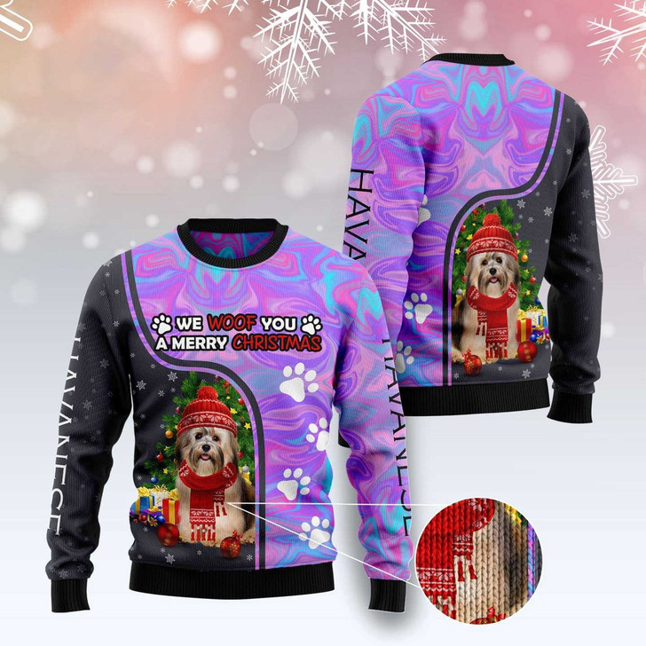 FUNSTUFFPRINT Havanese Hologram Color Ugly Christmas Sweater, Christmas Sweater, Ugly Sweater, Funny Xmas Sweaters Ugly  Sweater