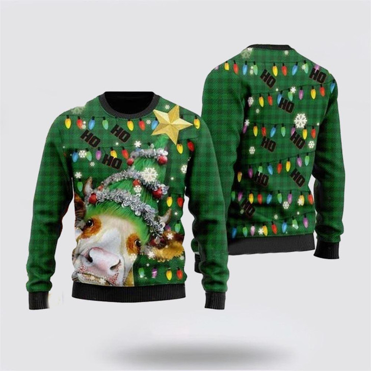 FUNSTUFFPRINT Ho Ho Ho Cow Christmas Tree Ugly Christmas Sweater – Sweater Gifts For Pet Lover Ugly  Sweater