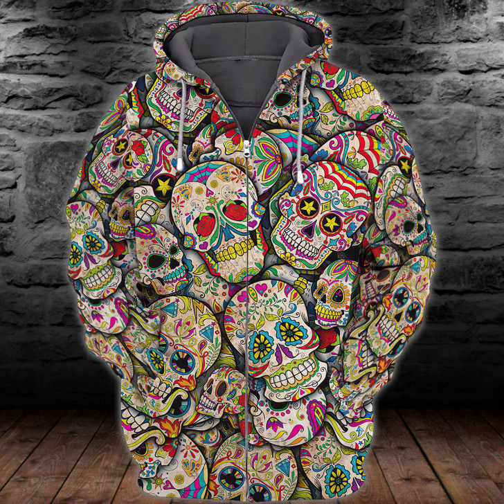 FUNSTUFFPRINT Sugar Skull - Full Print Tad  3D Hoodie and Zip Hoodie