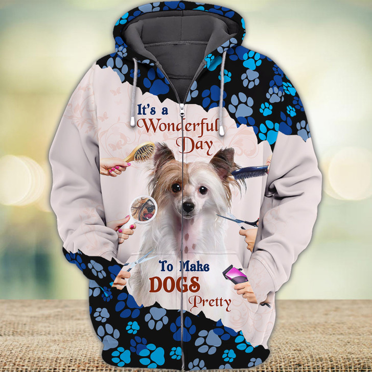 FUNSTUFFPRINT  New Version Paw Pet Groomer Uniform Blue Salon Pet Groomer Personalized Name  3D Hoodie and Zip Hoodie
