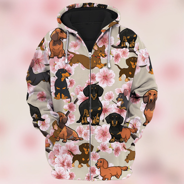 FUNSTUFFPRINT Dachshund And Pink Flower  3D Hoodie and Zip Hoodie