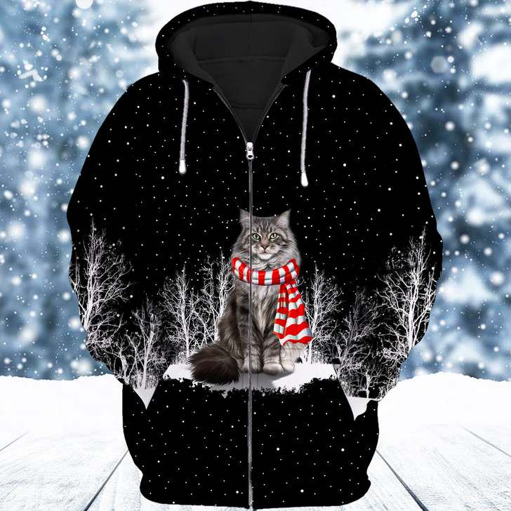 FUNSTUFFPRINT Cat Maine Coon And Winter Night  3D Hoodie and Zip Hoodie