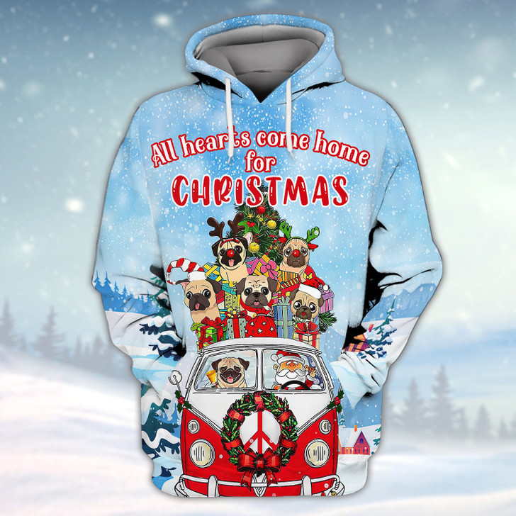 FUNSTUFFPRINT Pugs Dog All Hearts Come Home For Christmas 3D Shirt Pugs Dog And Santa On Hippie Car 3D Hoodie and Zip Hoodie
