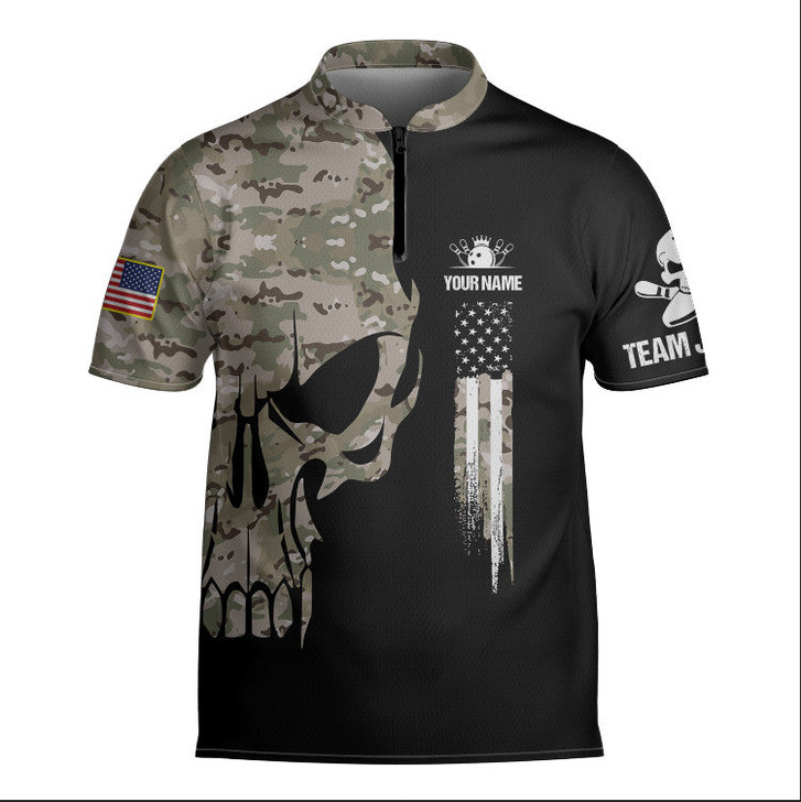 Custom Personalized Skull Camo Flag Bowling Jersey, Gift for Team, Bowling Lovers