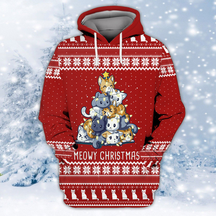 FUNSTUFFPRINT  Meowy Christmas  3D Hoodie and Zip Hoodie