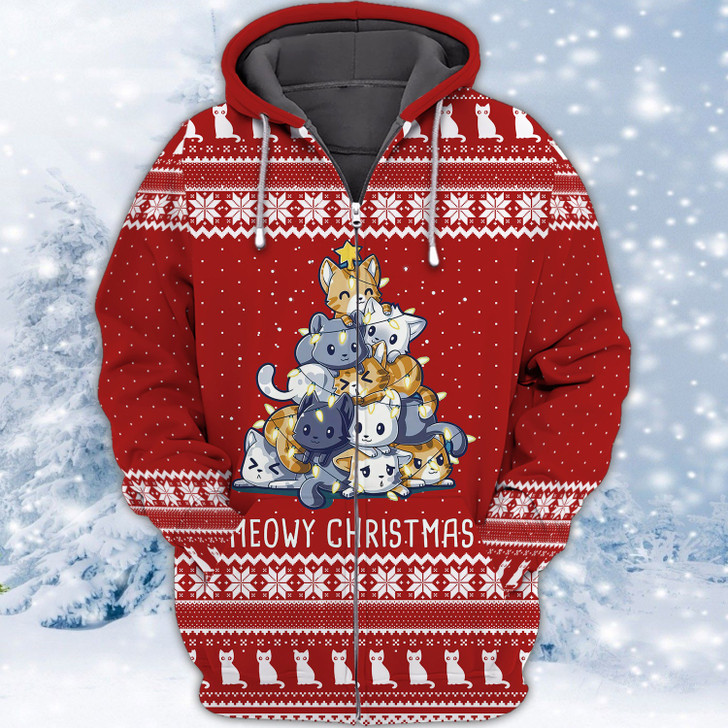 FUNSTUFFPRINT  Meowy Christmas  3D Hoodie and Zip Hoodie