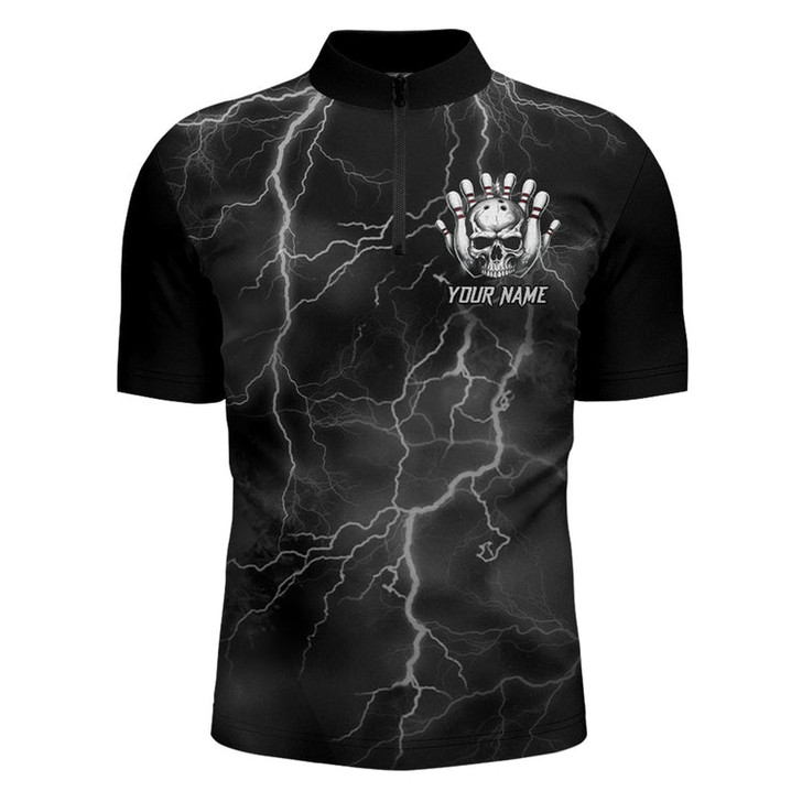 Custom Skull Bowling League Shirt Men Bowling Jersey Team Lightning Thunder Bowling Quarter-Zip Shirt