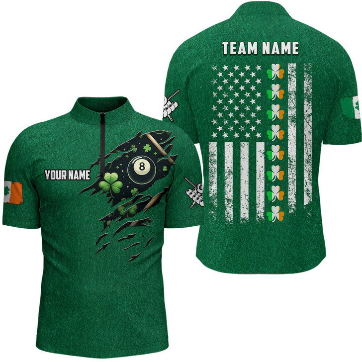 Custom St Patrick's Day US Flag Custom Men Billiard Quarter-Zip Green Patrick Billiards Shirts