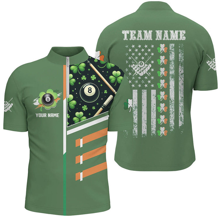 Custom St Patrick's Day US Flag Custom Men Billiard Quarter-Zip Green Patrick Billiards Shirts