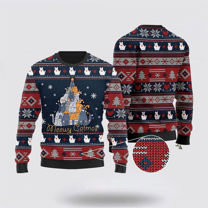 FUNSTUFFPRINT Meowy Catmas Christmas Cats Tree Ugly Sweater – Cat Lover Christmas Sweater Ugly  Sweater