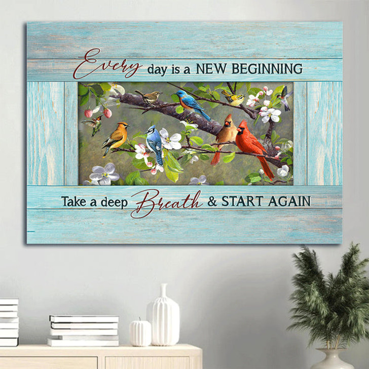 Colorful Cardinal Hummingbird Drawing Peach Blossom Every Day Is A New Beginning Take A Deep Breath And Start Again Canvas Wall Art - Christian Wall Decor