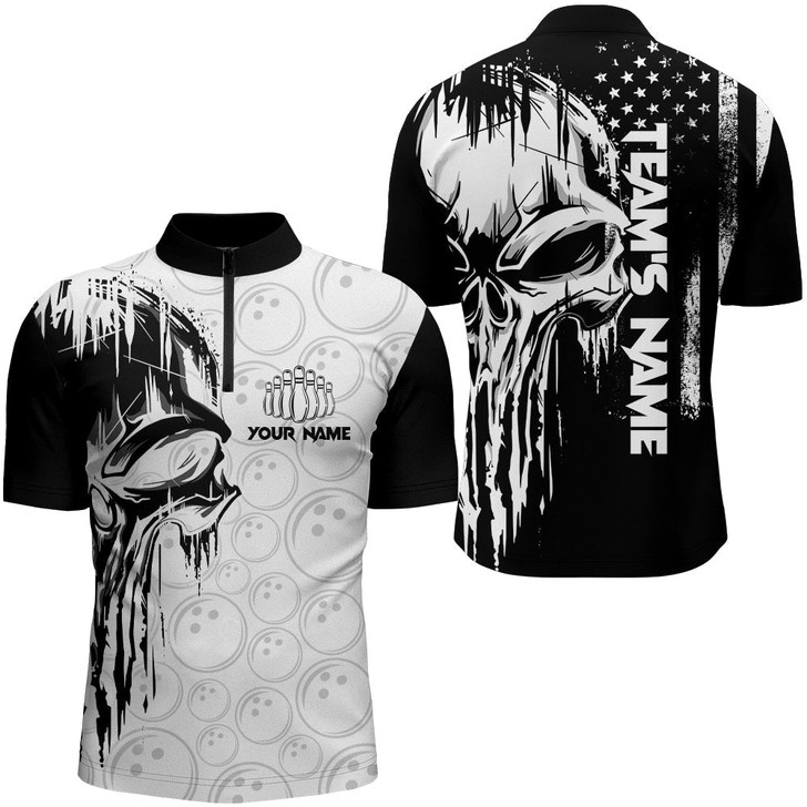 Custom Personalized Skull Bowling Shirt for Men Custom Team's Name American Flag Bowler Jersey