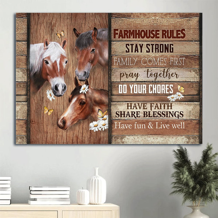 Beautiful Horse White Daisy Drawing Butterfly Canvas Stay Strong Family Comes First Canvas Wall Art - Christian Wall Decor