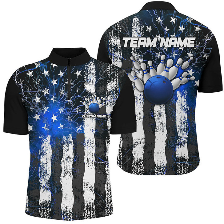 Custom Bowling And Pins Blue Lightning American Flag Customized Name, Team Name 3D Zipper Polo Shirt For Men
