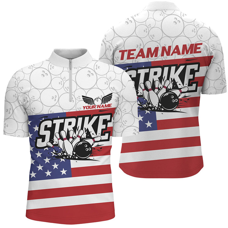 Custom Bowling And Pins American Flag Patriotic League Customized Name, Team Name 3D Zipper Polo Shirt For Men