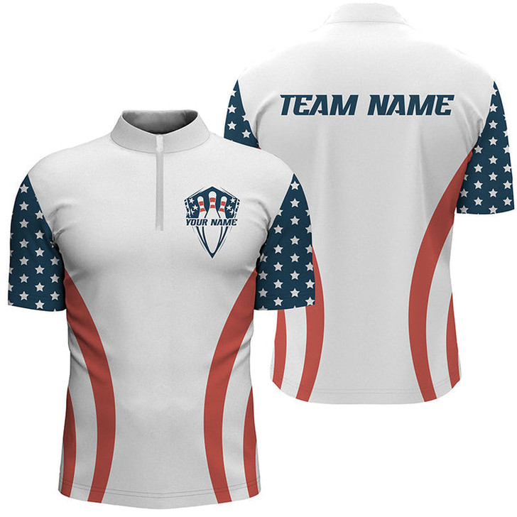Custom Bowling And Pins American Flag Patriotic League Customized Name, Team Name 3D Zipper Polo Shirt For Men