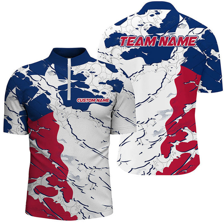 Custom Bowling And Pins American Flag Patriotic League Customized Name, Team Name 3D Zipper Polo Shirt For Men