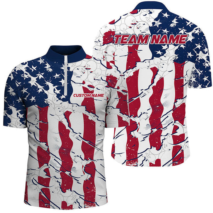 Custom Bowling And Pins American Flag Patriotic League Customized Name, Team Name 3D Zipper Polo Shirt For Men