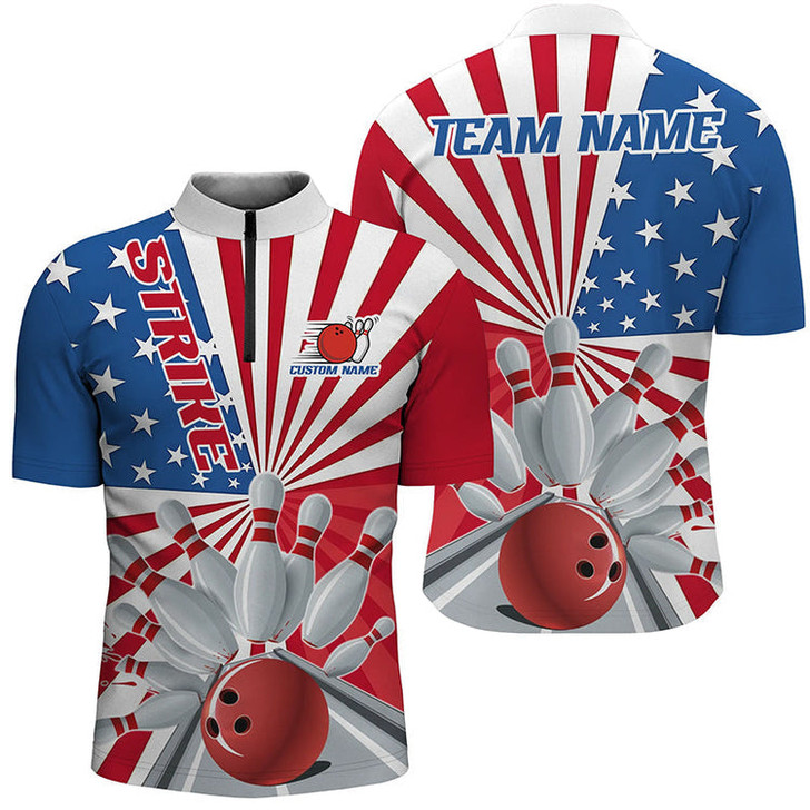 Custom Bowling And Pins American Flag Patriotic League Customized Name, Team Name 3D Zipper Polo Shirt For Men