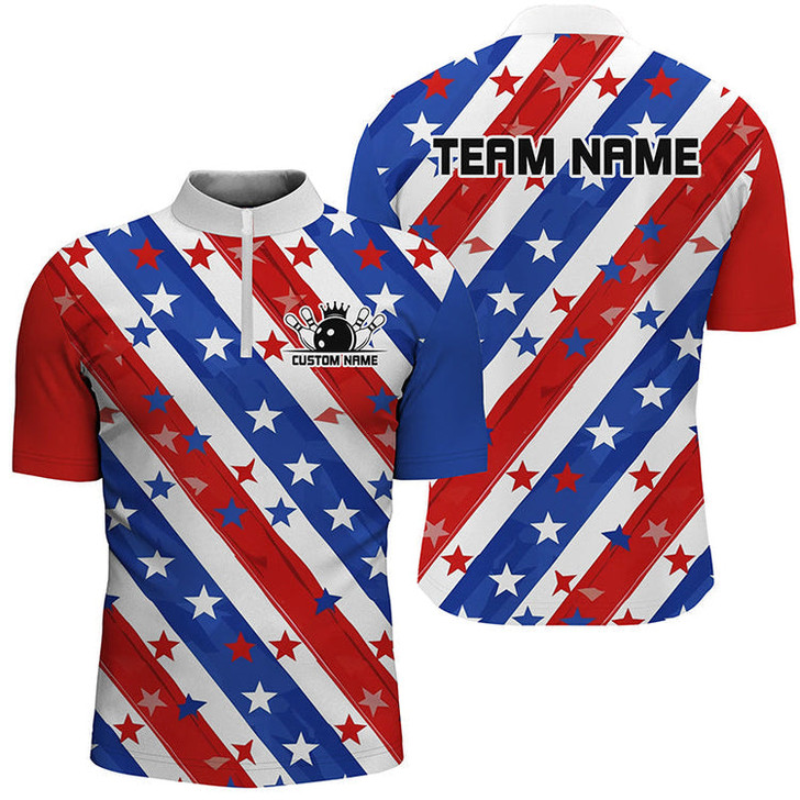 Custom Bowling And Pins American Flag Patriotic League Customized Name, Team Name 3D Zipper Polo Shirt For Men