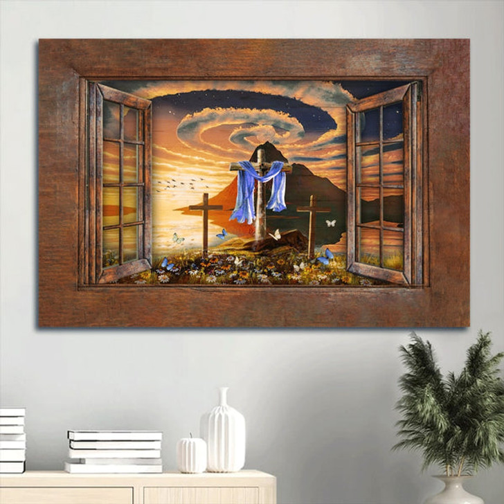 Beautiful Halo Orange Sunset Wooden Cross Window Pretty Butterfly Canvas Wall Art - Christian Wall Decor