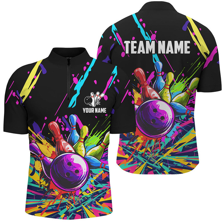 Custom Bowling And Pins Colorful Graffiti Pattern Customized Name, Team Name 3D Zipper Polo Shirt For Men