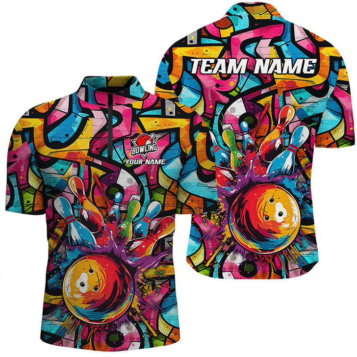 Custom Bowling And Pins Colorful Graffiti Pattern Customized Name, Team Name 3D Zipper Polo Shirt For Men