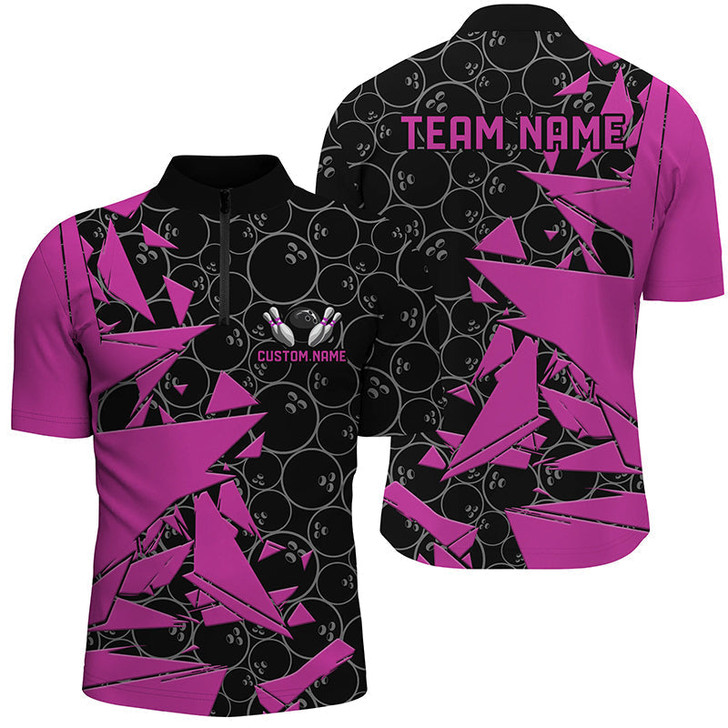 Custom Bowling And Pins Ball Pattern Bowlers Customized Name, Team Name 3D Zipper Polo Shirt For Men