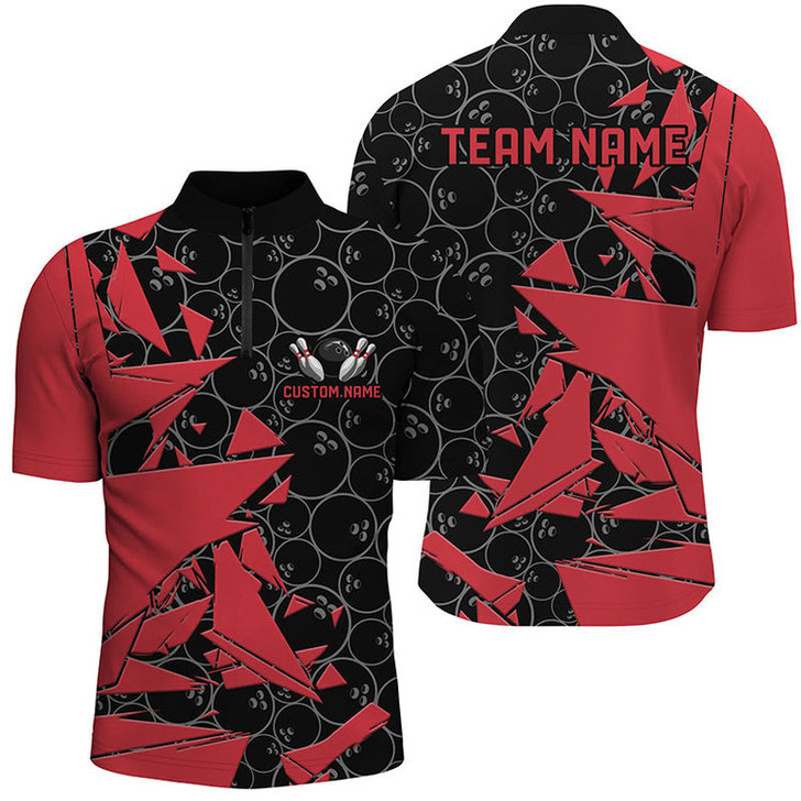 Custom Bowling And Pins Ball Pattern Bowlers Customized Name, Team Name 3D Zipper Polo Shirt For Men