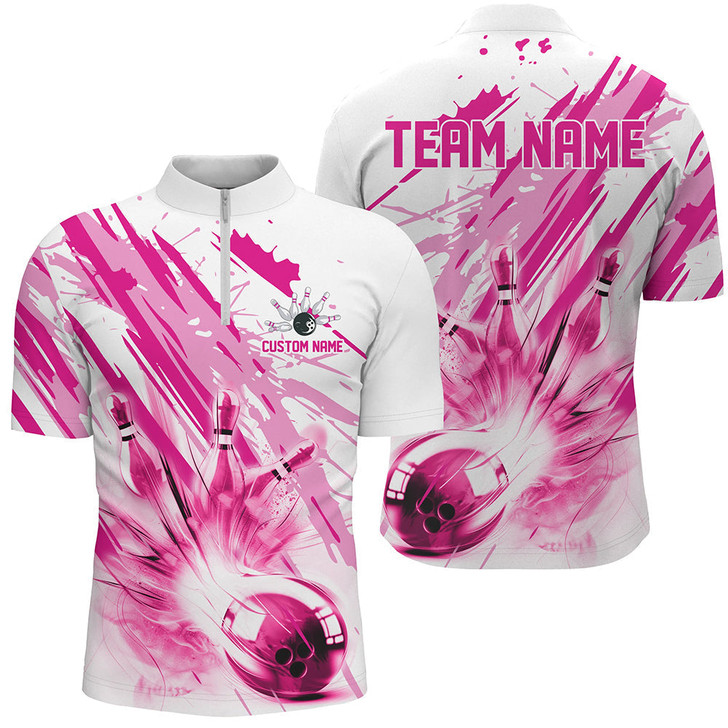 Custom Bowling And Pins Blue or Pink Strike Customized Name, Team Name 3D Zipper Polo Shirt For Men