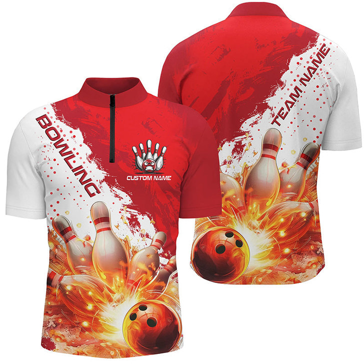 Custom Bowling And Pins Red Fire Ball Customized Name, Team Name 3D Zipper Polo Shirt For Men