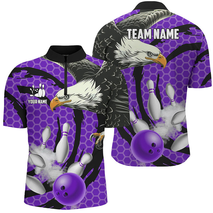 Custom Bowling And Pins Eagle Camo Customized Name, Team Name 3D Zipper Polo Shirt For Men