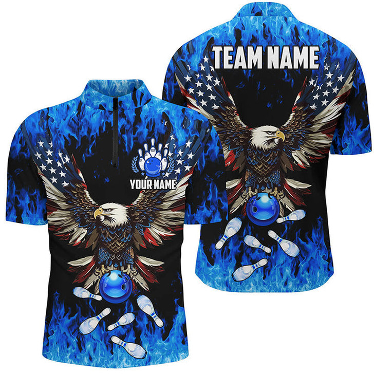 Custom Bowling And Pins Eagle Camo Customized Name, Team Name 3D Zipper Polo Shirt For Men