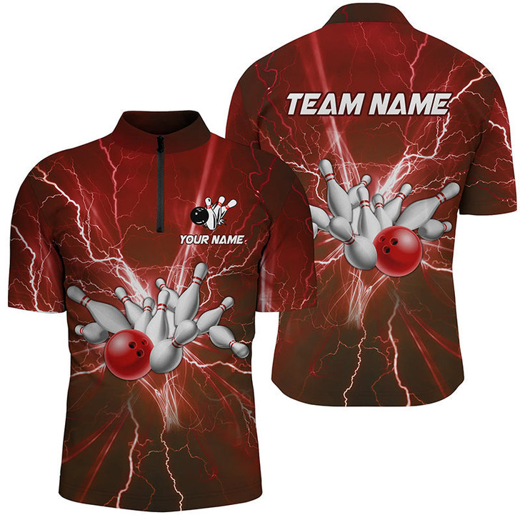 Custom Coolspod Bowling And Pins Multicolor Lightning Thunder Customized Name, Team Name 3D Zipper Polo Shirt For Men