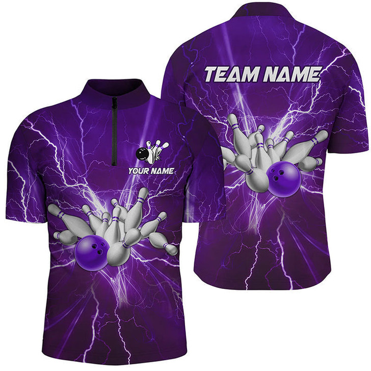 Custom Coolspod Bowling And Pins Multicolor Lightning Thunder Customized Name, Team Name 3D Zipper Polo Shirt For Men